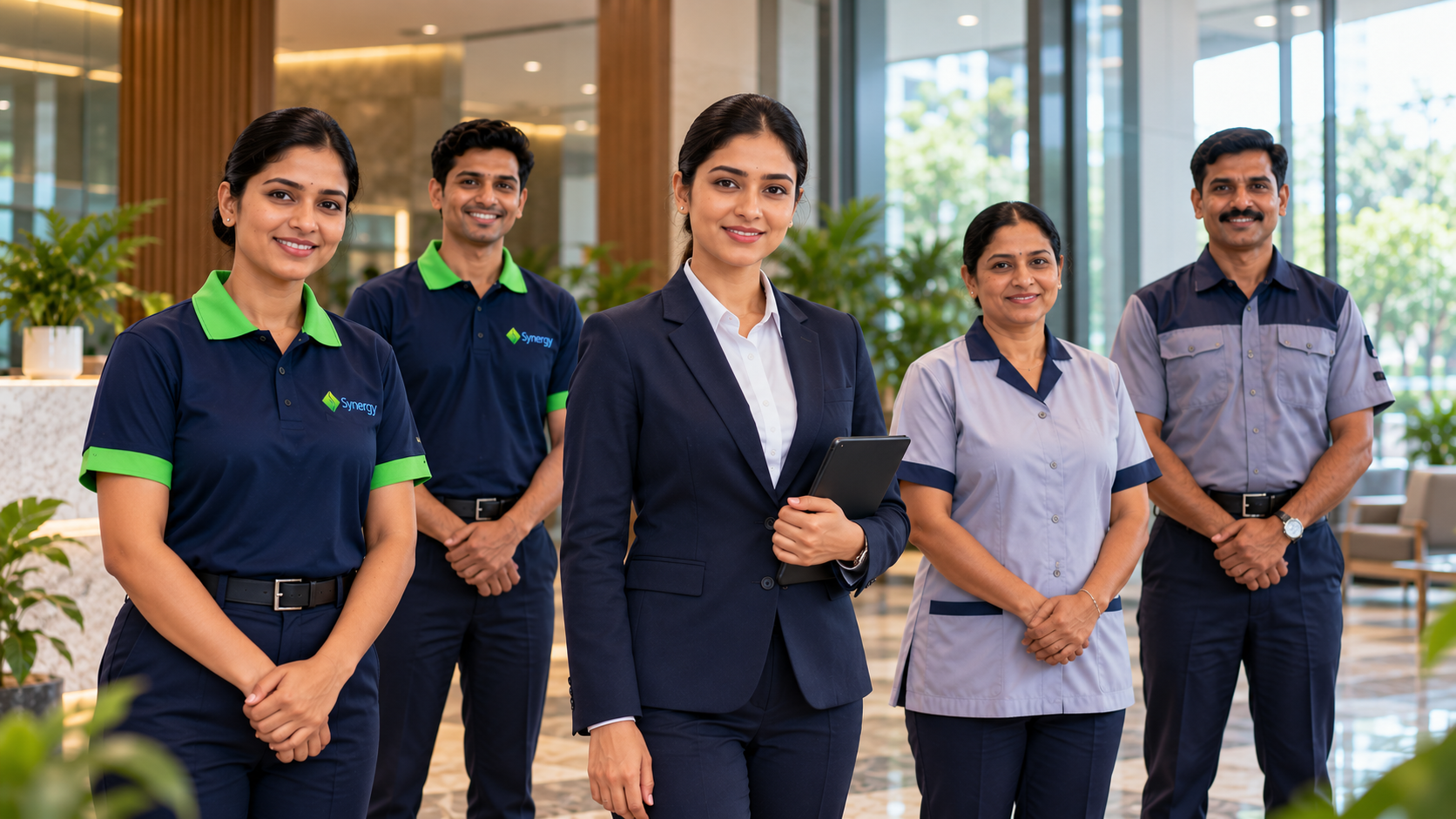 Five members of the Synergy Facility Services team, in company uniforms and business attire, standing together in a bright office lobby and smiling.