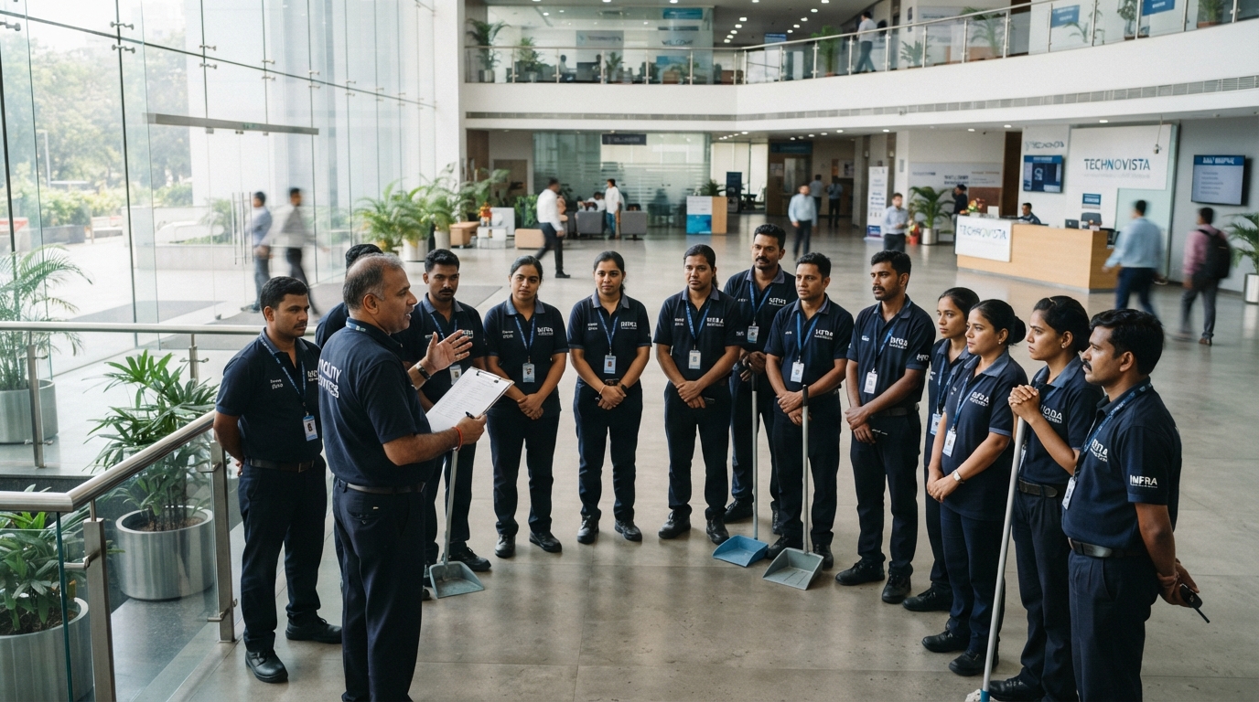 Frontline facility personnel briefed inside modern corporate workplace