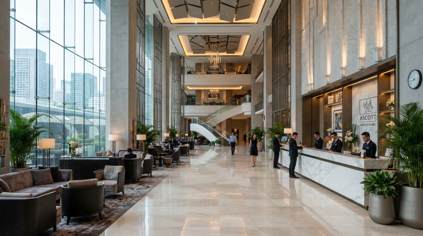 High-end architectural photography of a modern luxury hotel lobby and grand atrium