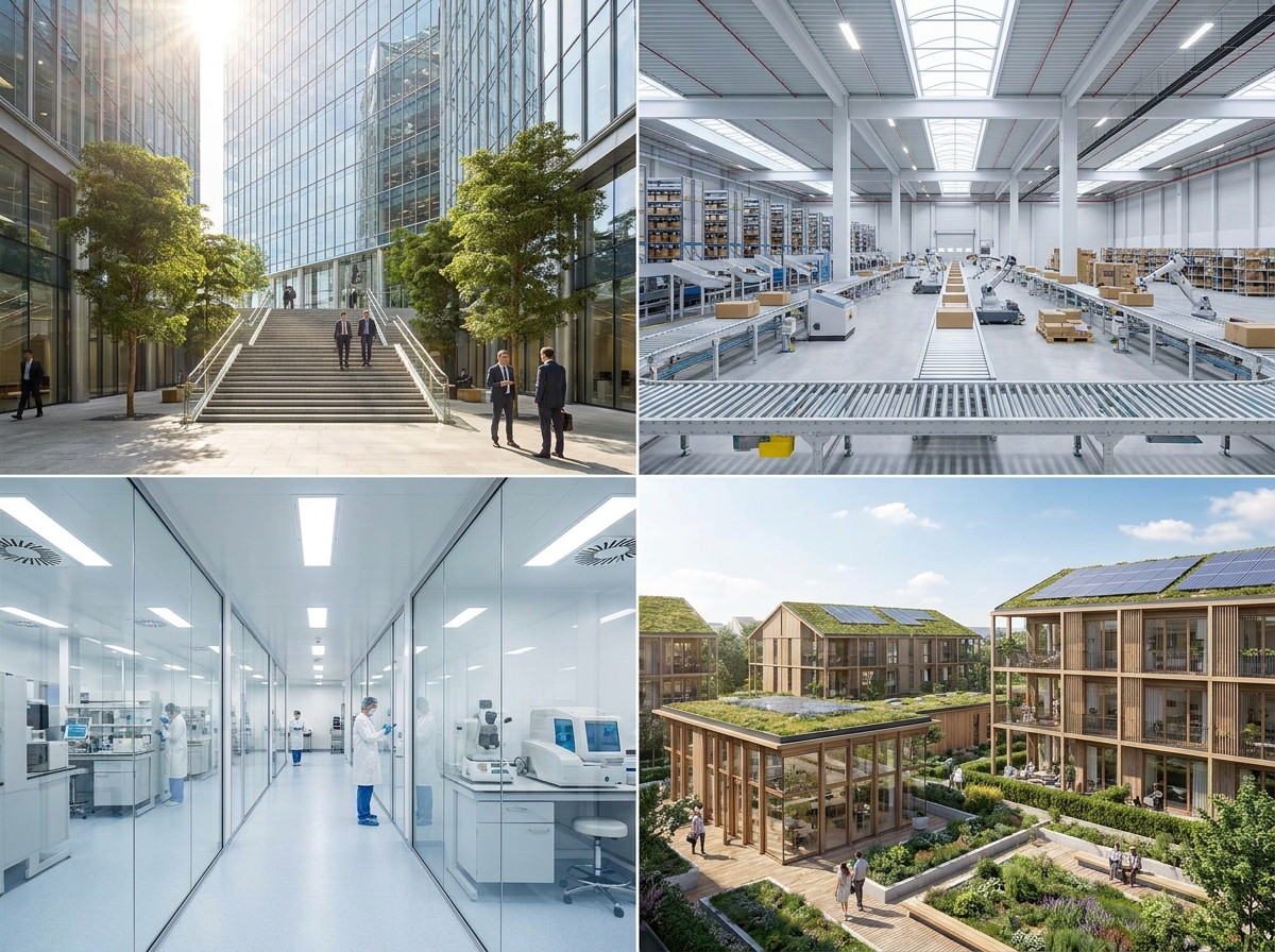 Multi-environment facility operations showing corporate workplace, logistics warehousing, healthcare clinical laboratory, and residential community architecture.