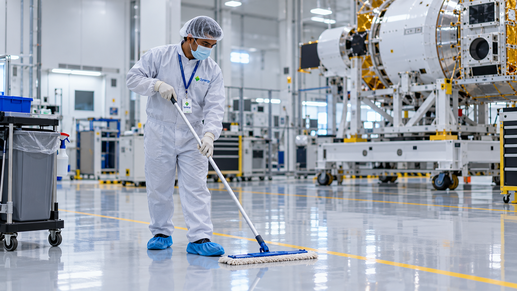Modern aerospace manufacturing and space technology facility interior