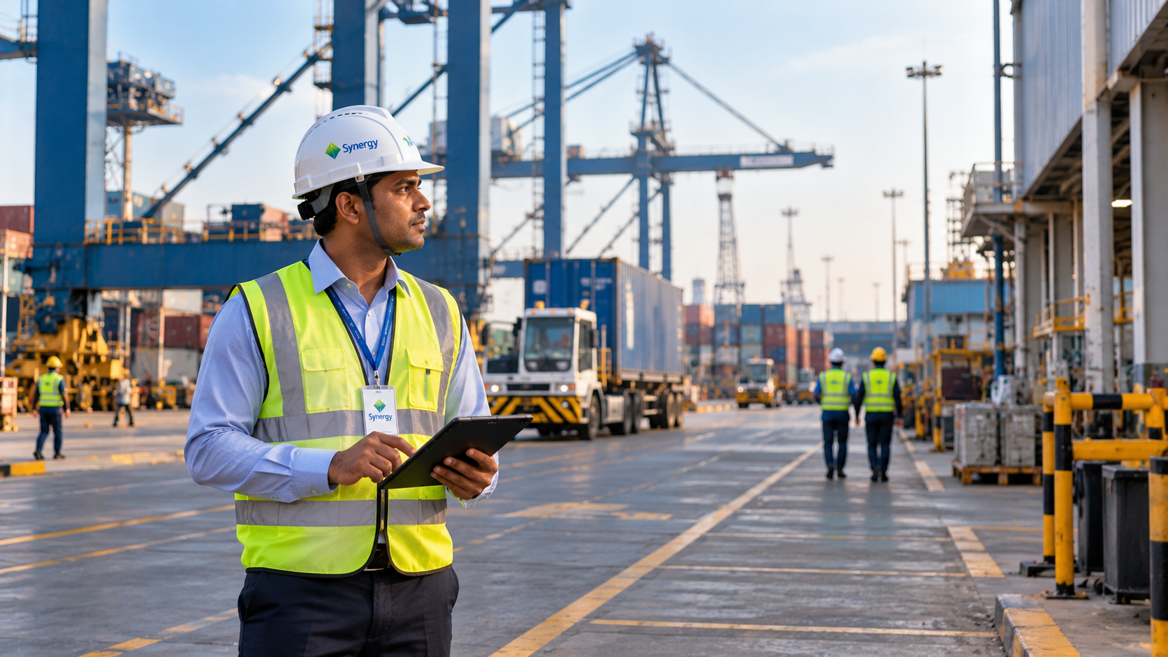 Contemporary commercial deepwater maritime port terminal and blue-tech logistics operations center