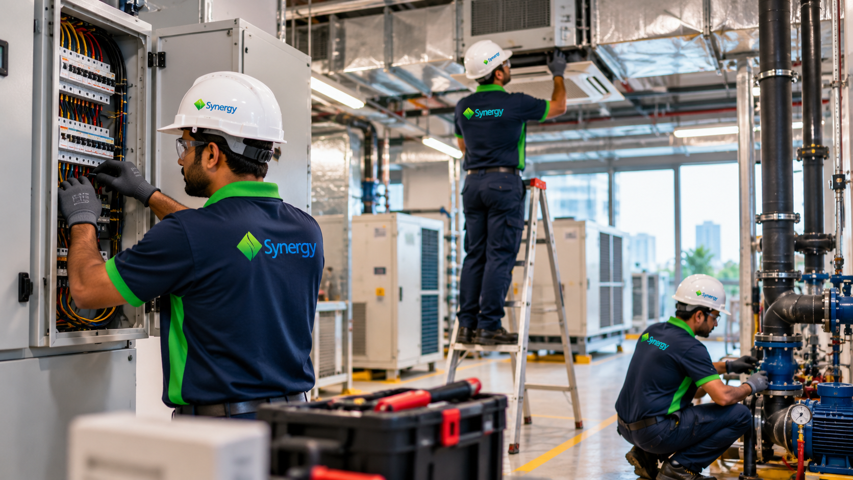 Two commercial facility engineers in technical uniforms monitoring plant room controls and HVAC systems