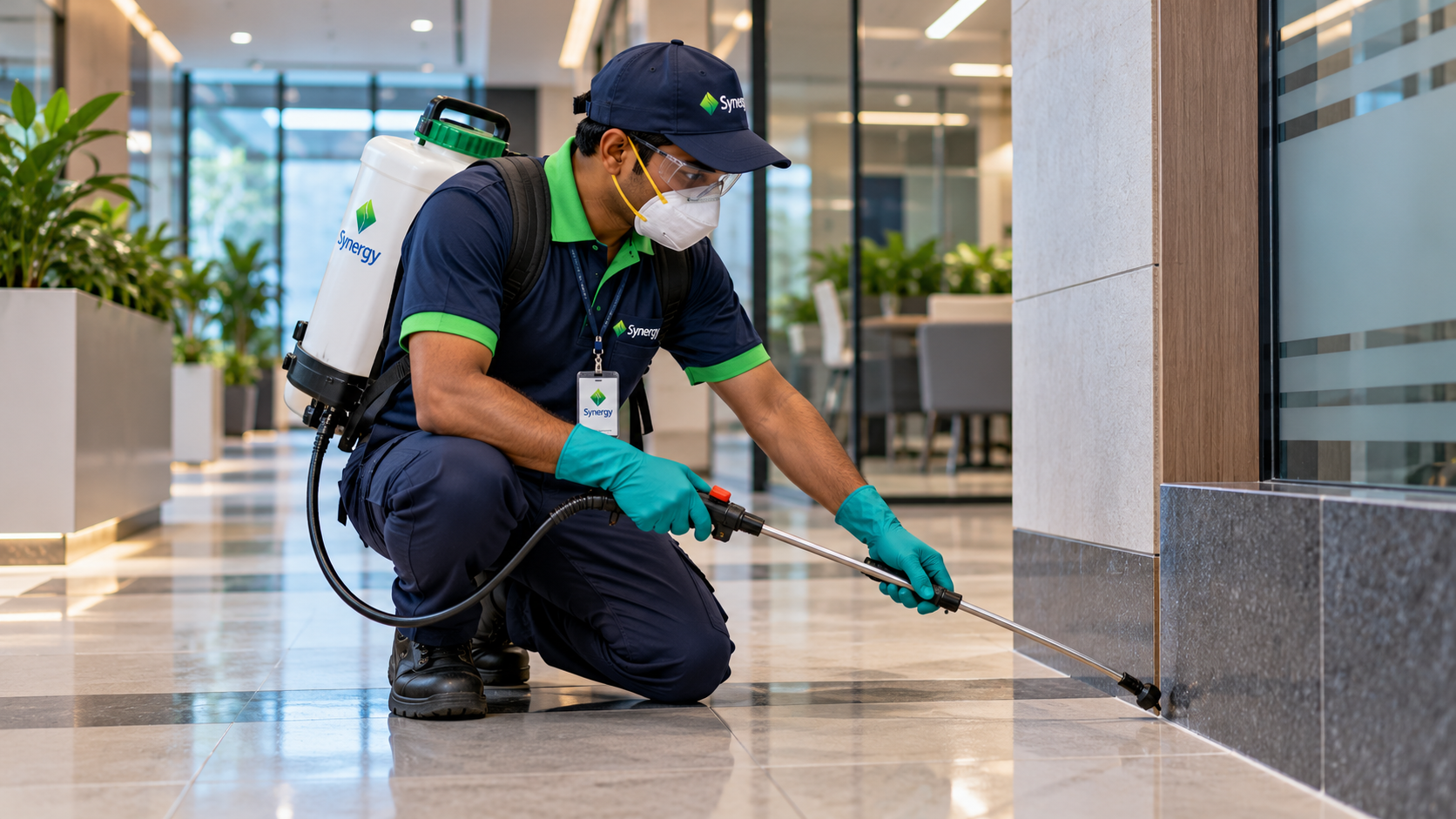 Professional facility environmental hygiene technician conducting inspection