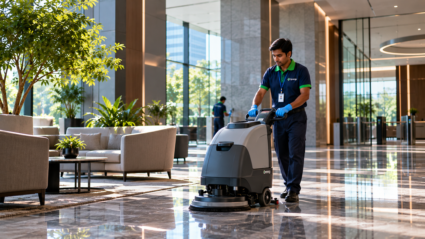 Facility management professional in a modern corporate atrium