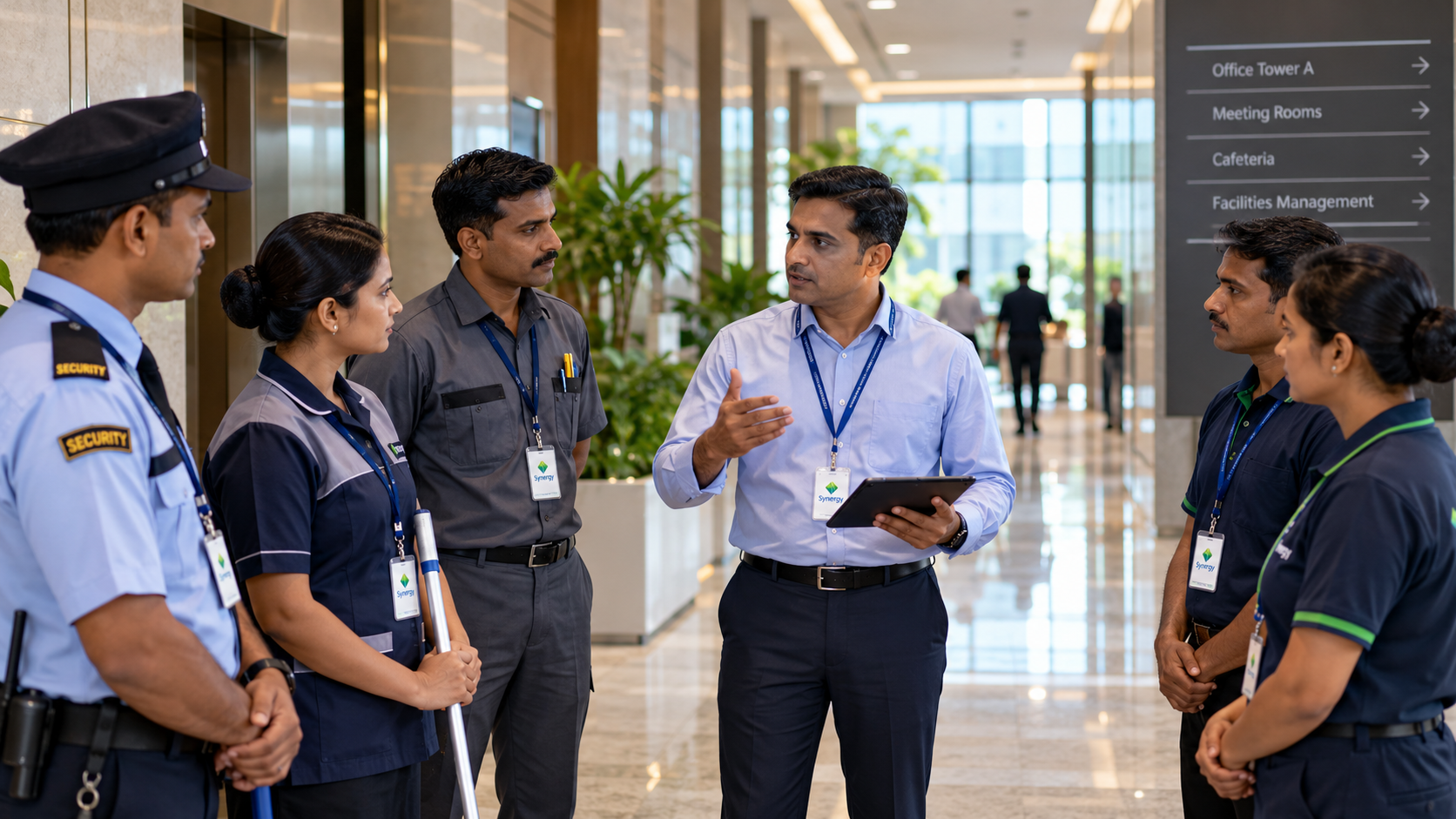Professional facility operations supervisor briefing team in a modern commercial campus corridor